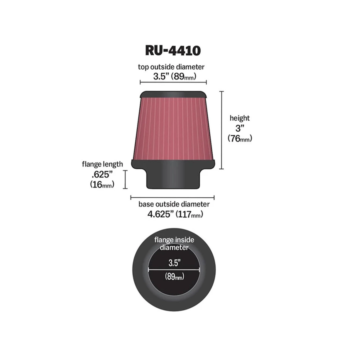K&N RU-4410 Universal Hava Filtresi - 76mm Yükseklik - 117mm Dış Çap - 89mm Flanş Çapı