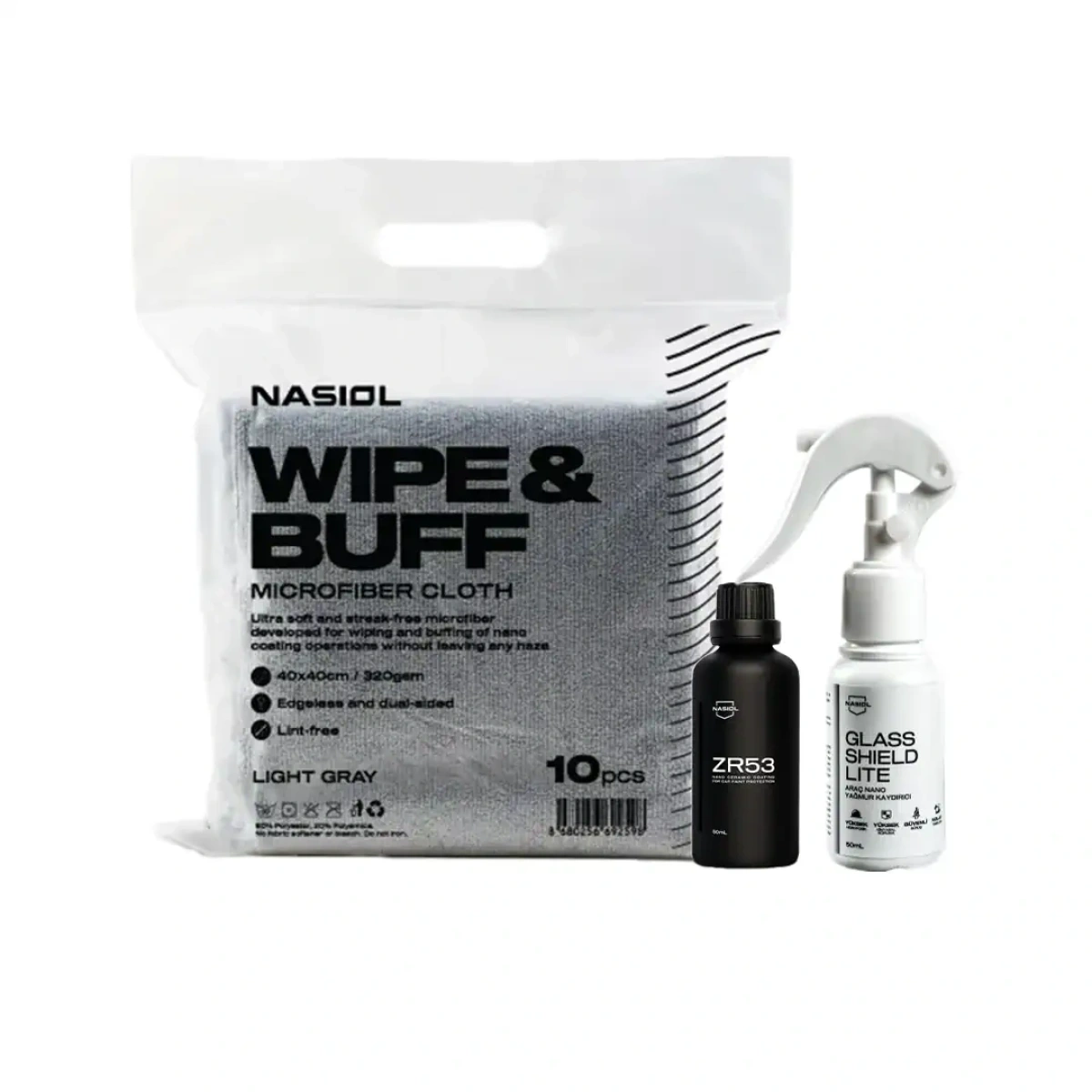 Nasiol ZR53 50ml 10H Nano Seramik Kaplama-Lite 50ml Yağmur Kaydırıcı-Mikro Fiber Bez 3'lü Bakım Seti