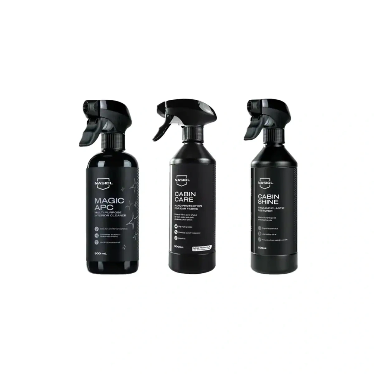 Nasiol Cabinshine 500 ml Trim-Plastik Parlatıcı-Cabincare 500 ml Kumaş Nano Kaplama ve Magic APC 500 ml İç Mekan Temizleyici 3'lü Bakım Seti