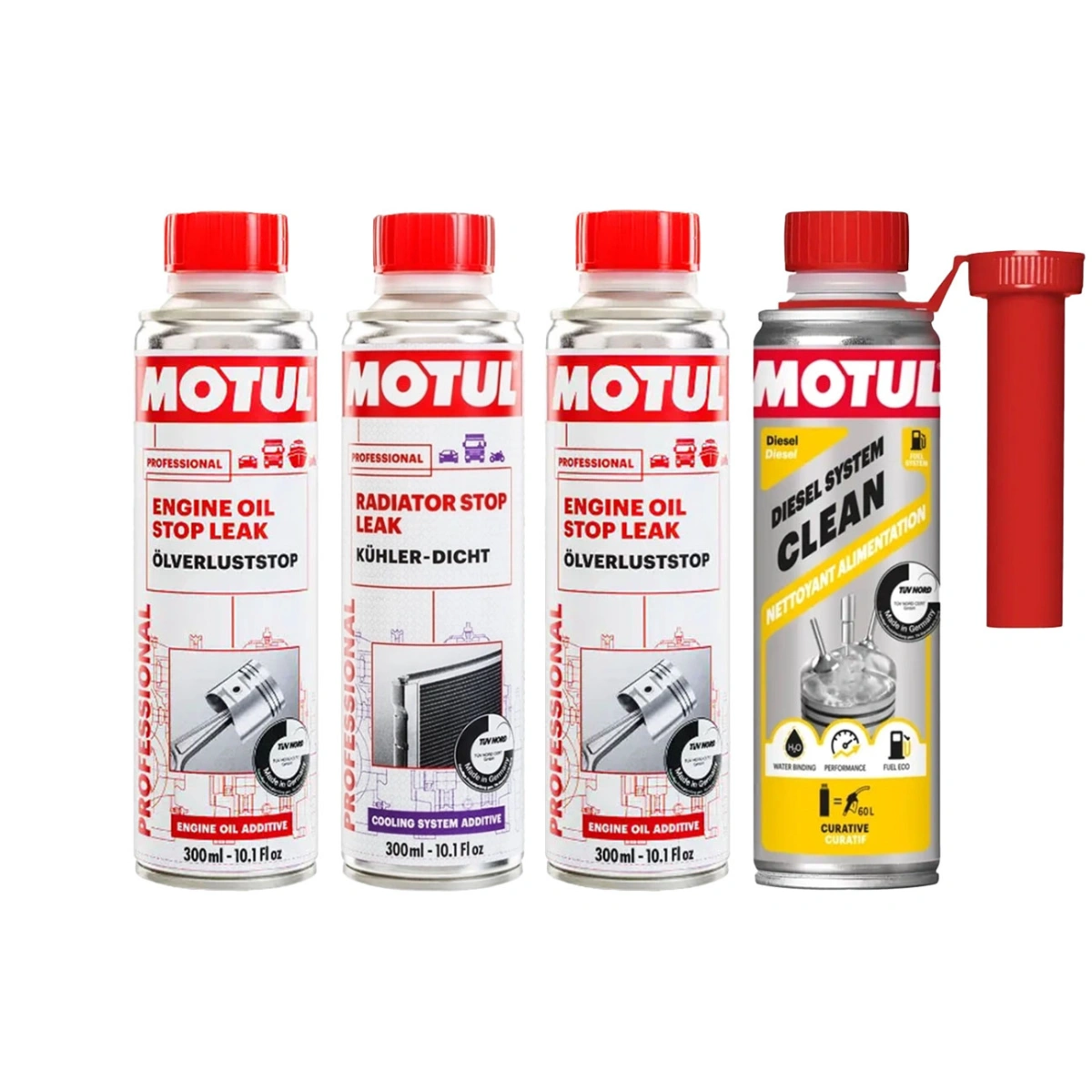 Motul Dizel Yakıt Sistemi Temizleyici-Yağ Sızıntı Önleyici-Radyatör Temizleyici & Sızıntı Önleyici Bakım Seti - 4x300 mL
