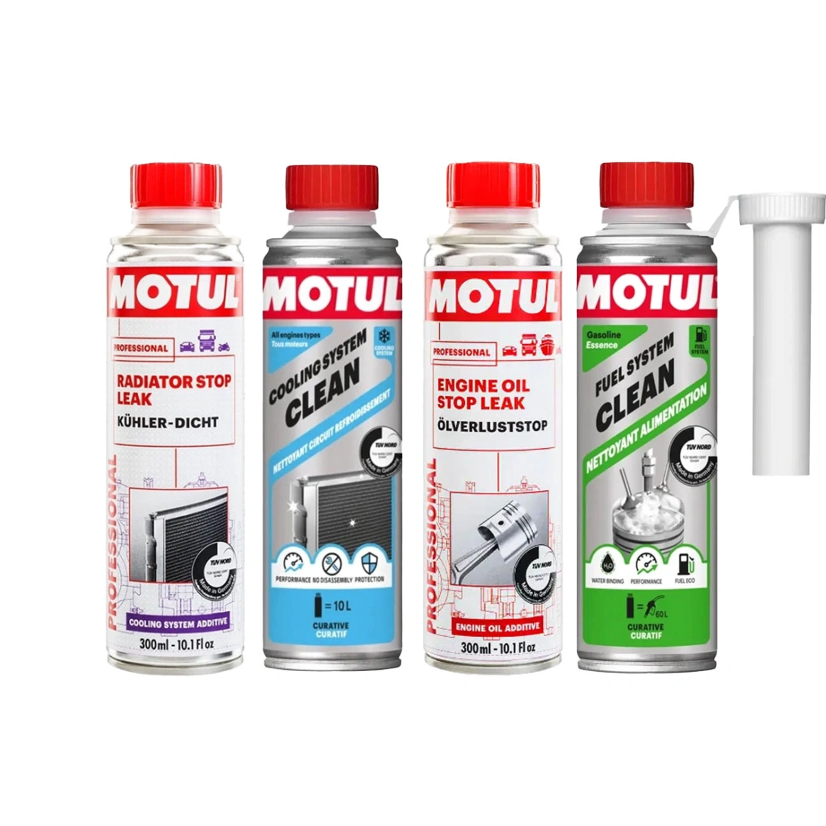 Motul Benzin Yakıt Sistemi Temizleyici-Yağ Sızıntı Önleyici-Radyatör Temizleyici & Sızıntı Önleyici Bakım Seti - 4x300 mL