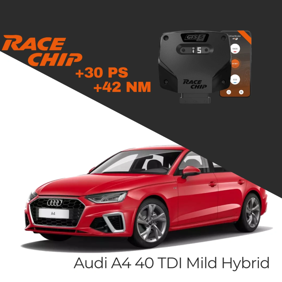Race Chip Audi A4 (B9) 40 TDI 204 PS Mild Hybrid GTS 5 Black APP Bluetooth +30 PS +42 NM Tork Chip Tuning