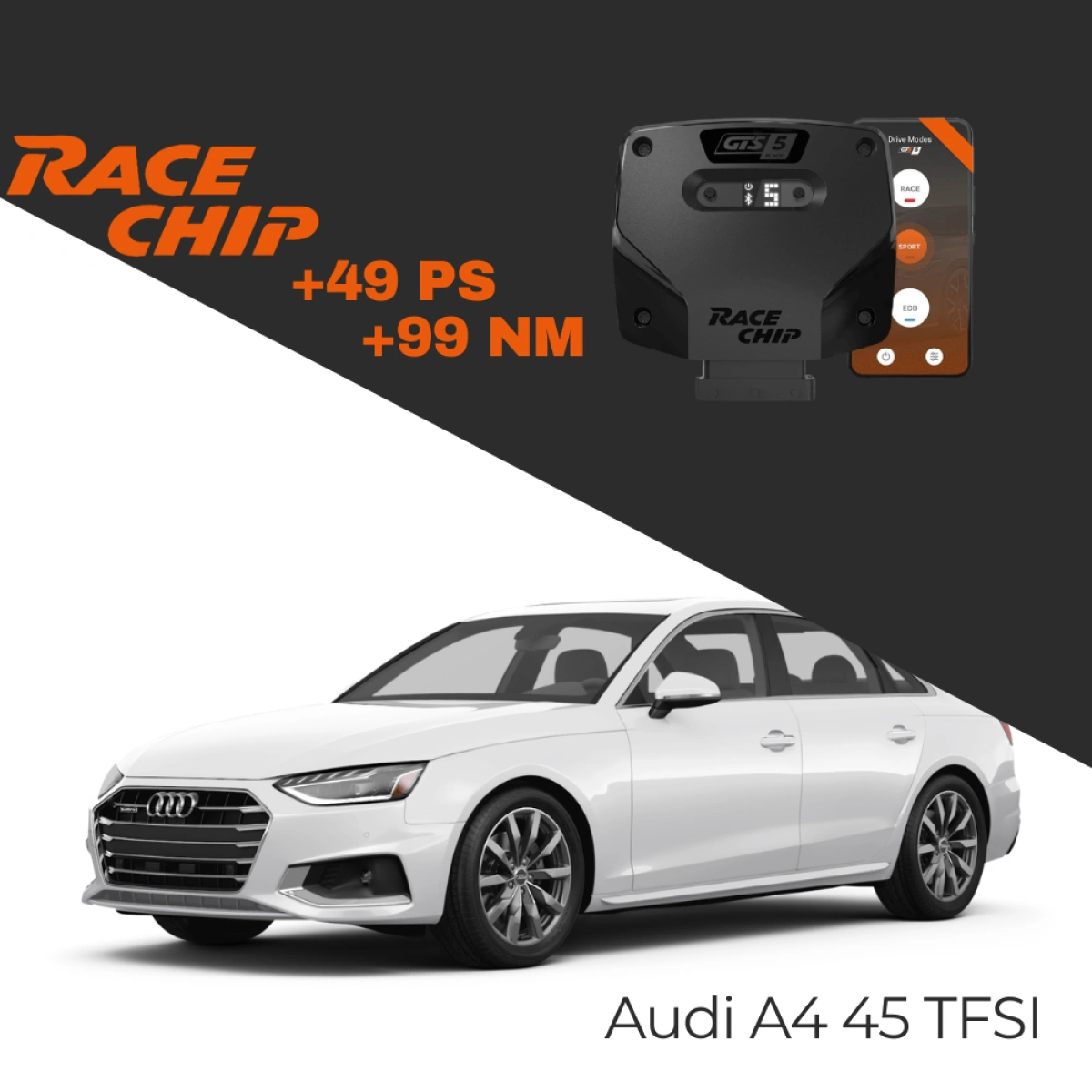 Race Chip Audi A4 (B9) 45 TFSI 245 PS GTS 5 Black APP Bluetooth +49 PS +99 NM Tork Chip Tuning