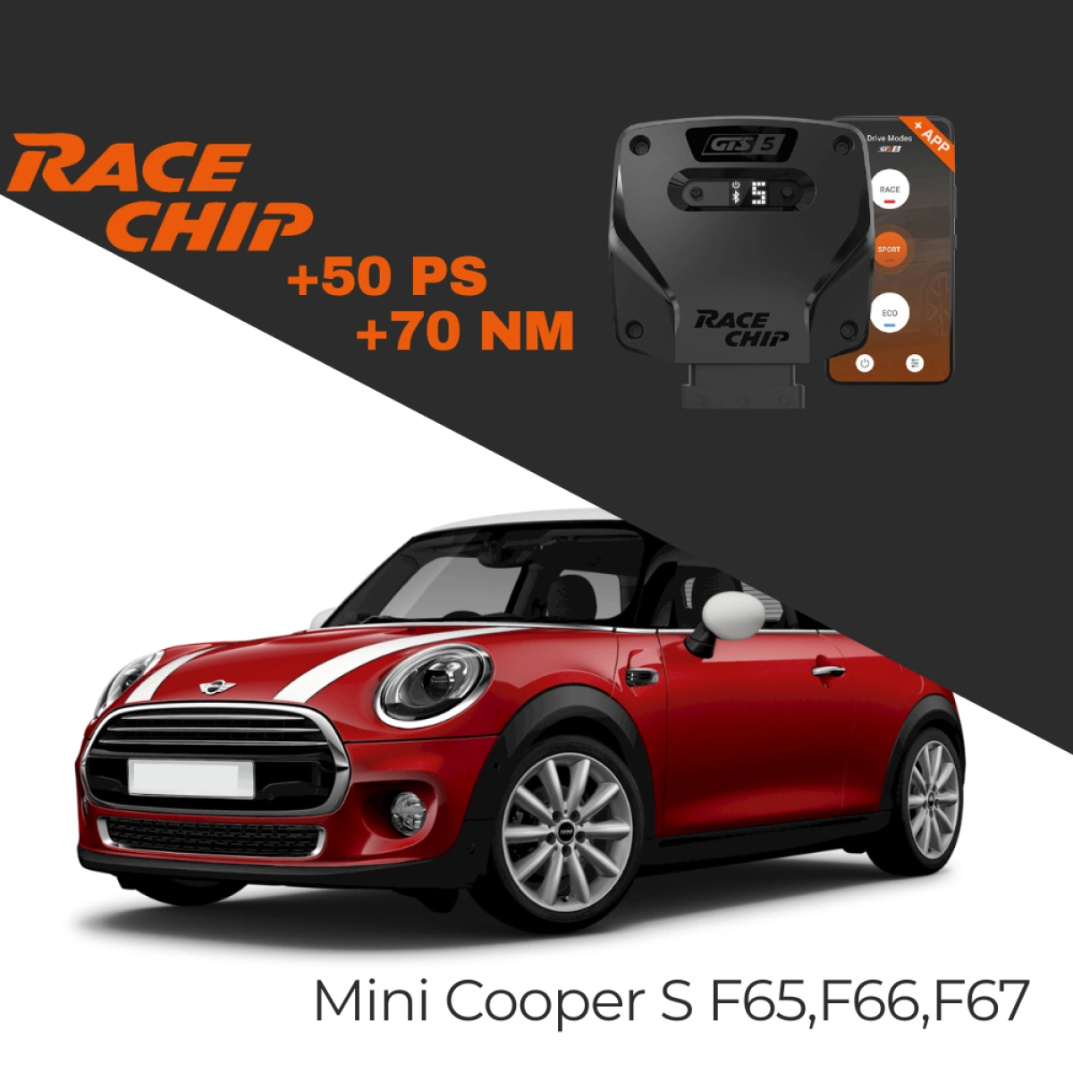 RaceChip Mini Cooper S F65,F66,F67 - 2.0L 204 PS GTS 5 APP Bleutooth +50 PS +70 NM Tork Chip Tuning