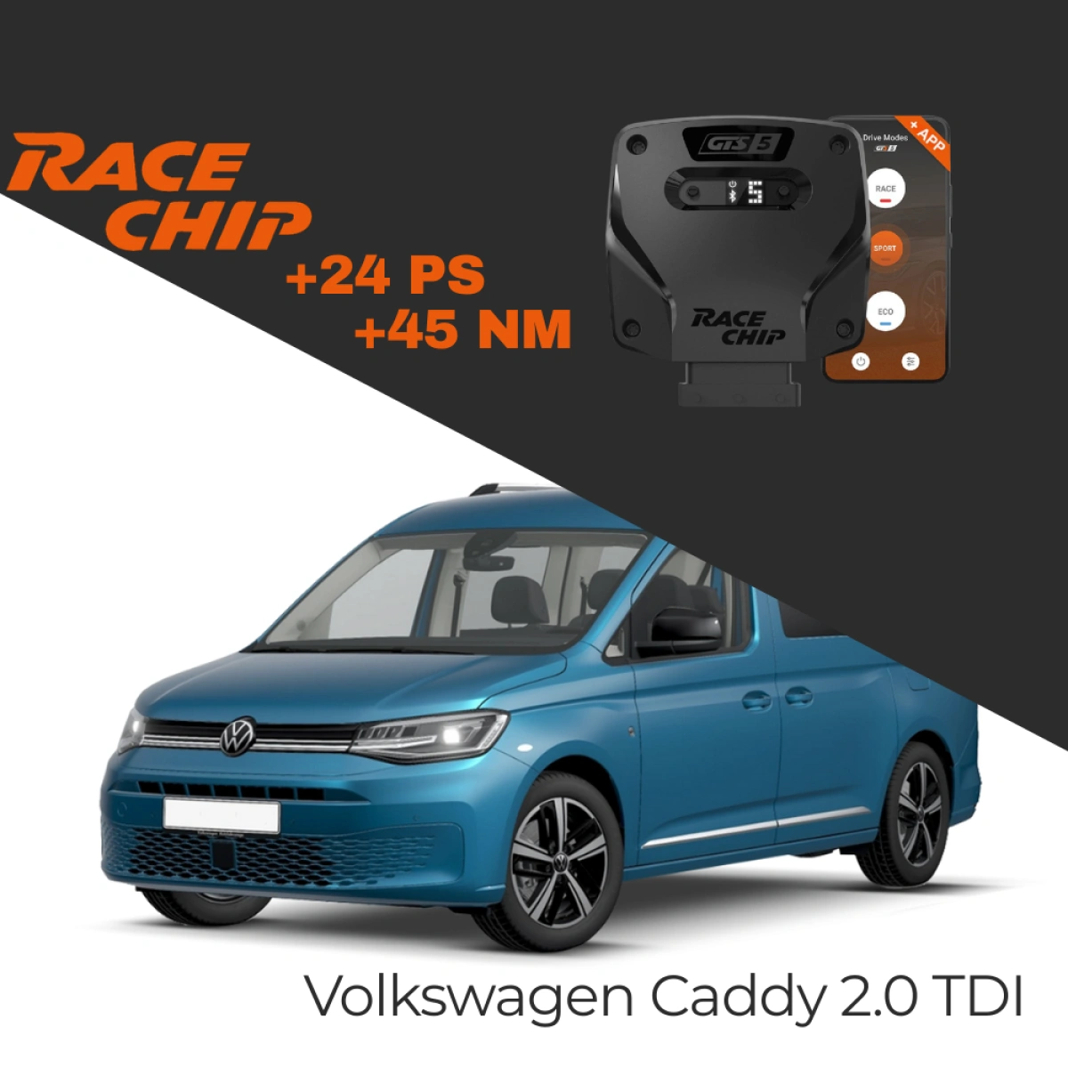 RaceChip Volkswagen Caddy 2.0 TDI 122 PS 2022->2024 GTS 5 APP Bluetooth +24 PS +45 NM Tork Chip Tuning