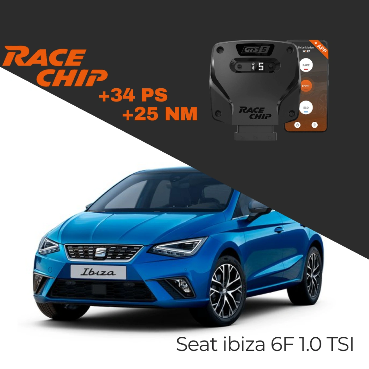 RaceChip Seat ibiza 6F 1.0 TSI 110 PS GTS 5 APP Bluetooth +34 PS +25 NM Tork Chip Tuning