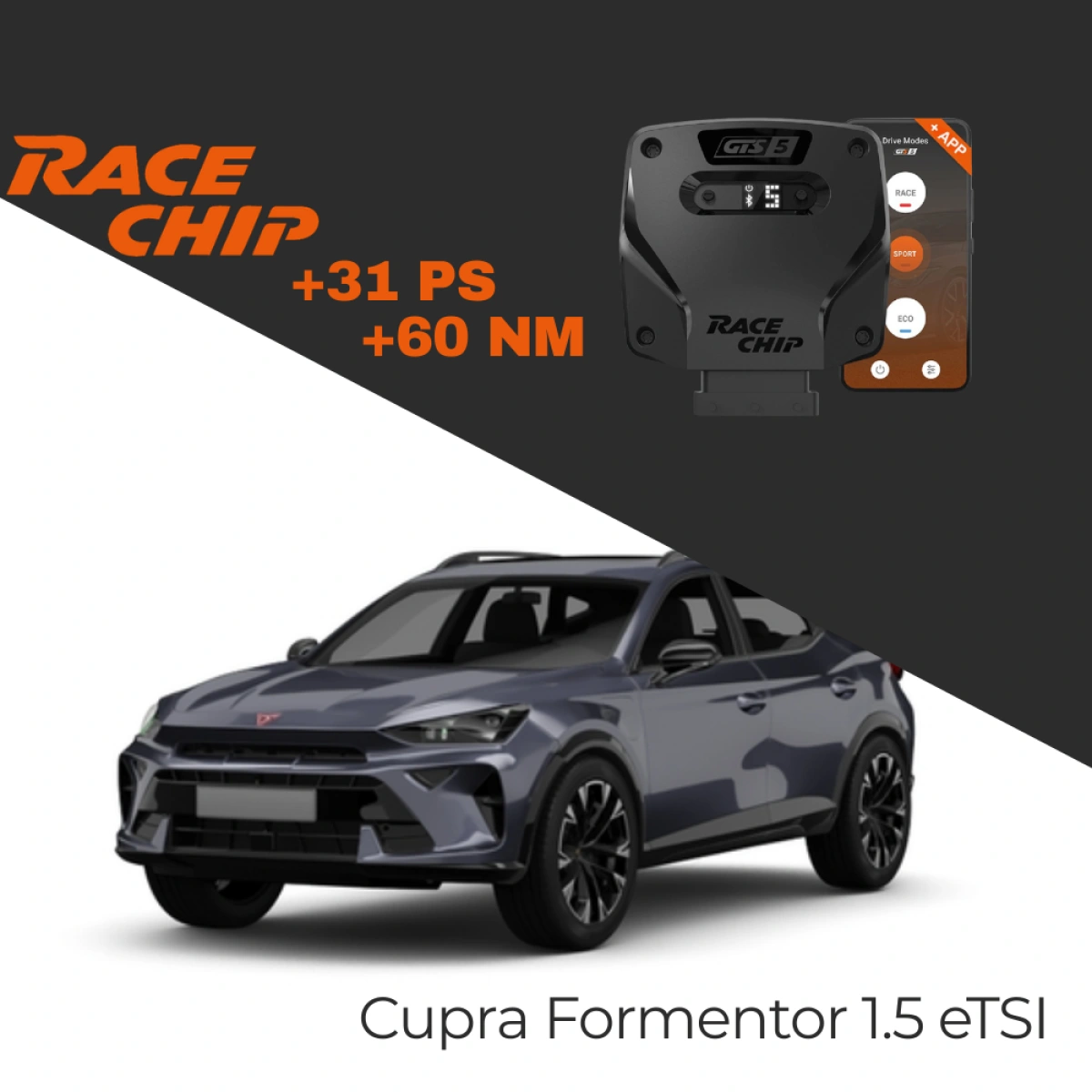 RaceChip Cupra Formentor KM7 - FaceLift 1.5 eTSI Phev Hybrid 272 PS 2024> GTS 5 APP Bleutooth +31 PS +60 NM Tork Chip Tuning