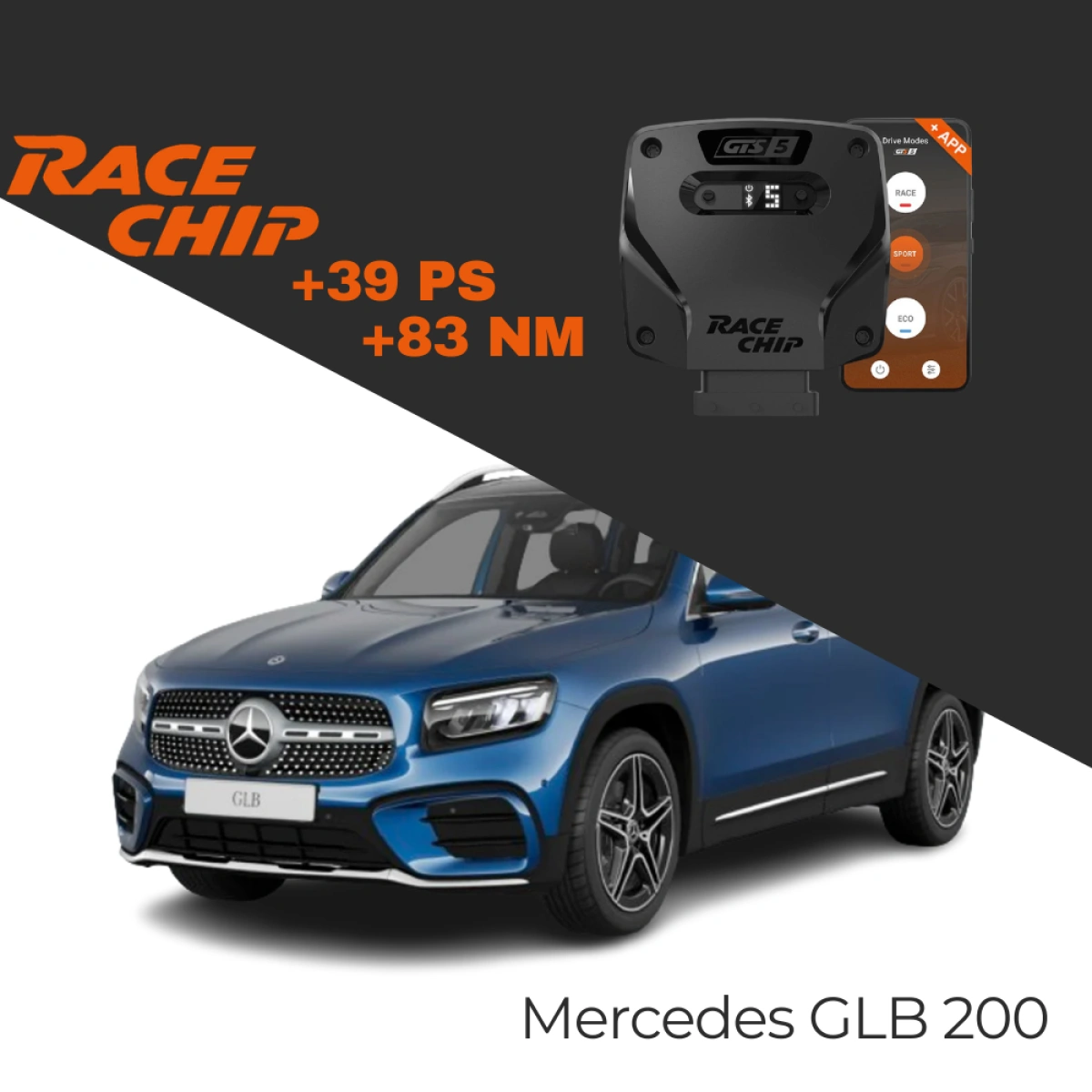 RaceChip Mercedes GLB 200 X247 - 1.3L 163 PS GTS 5 APP Bleutooth +39 PS +83 NM Tork Chip Tuning