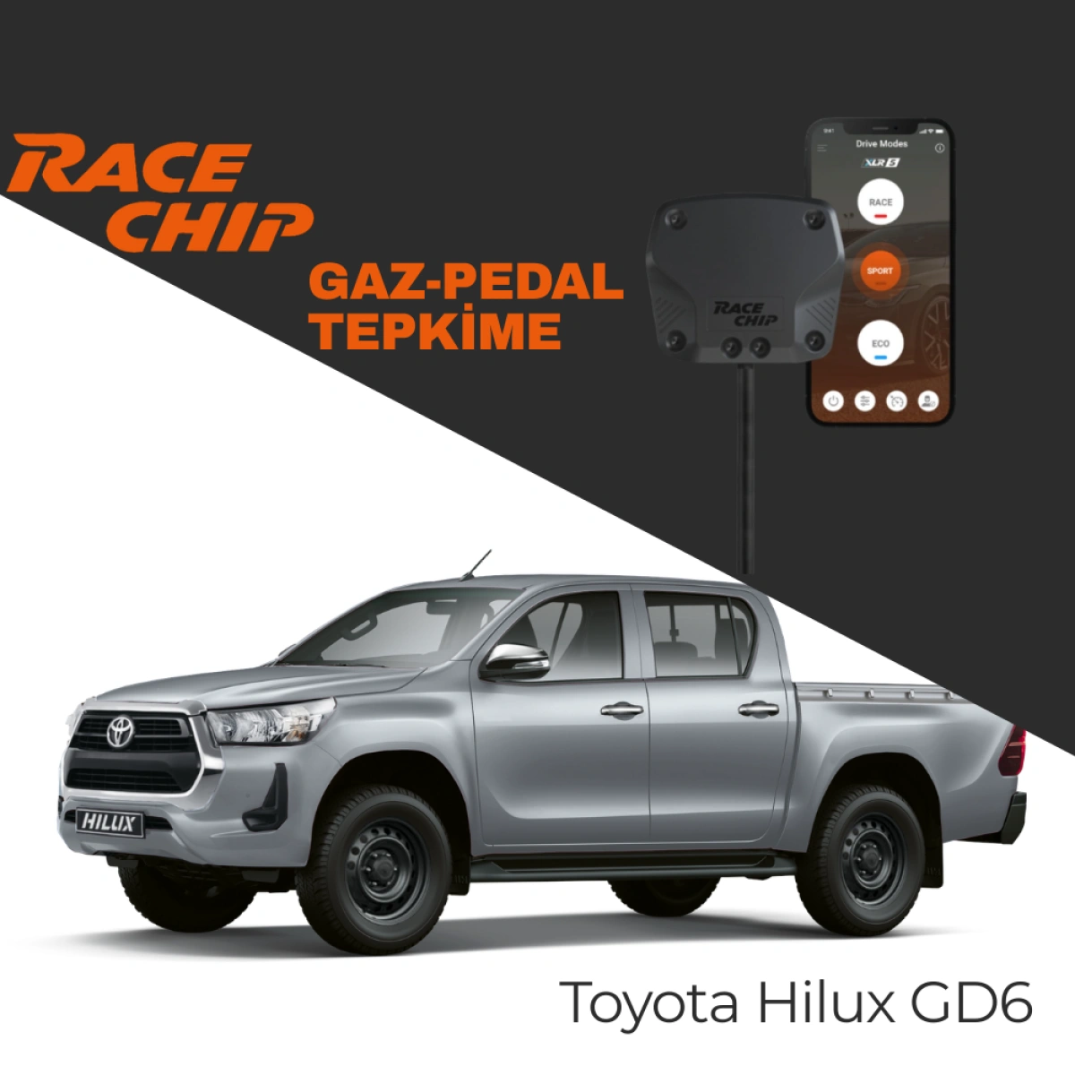 RaceChip XLR5 Toyota Hilux GD6 (GUN) 2.5 D-4D Euro6 150 PS 2021-2025 Gaz Pedal Tepkime Cihazı Eco-Sport-Race APP Bluetooth