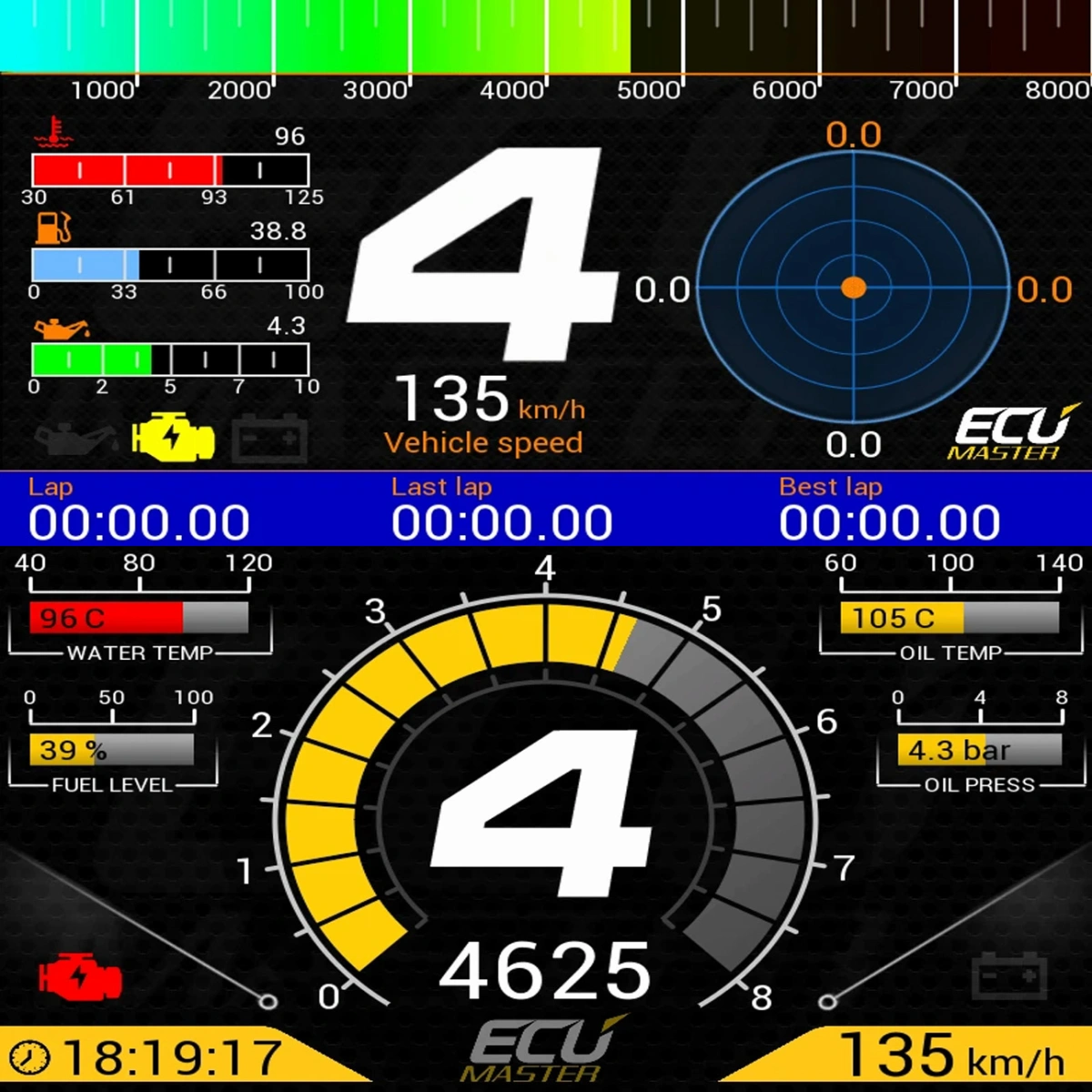 ECUMaster ADU 5 Yarış Göstergesi - 5" TFT, 15x RGB LED, CAN Bus, Data Logger, 800x480