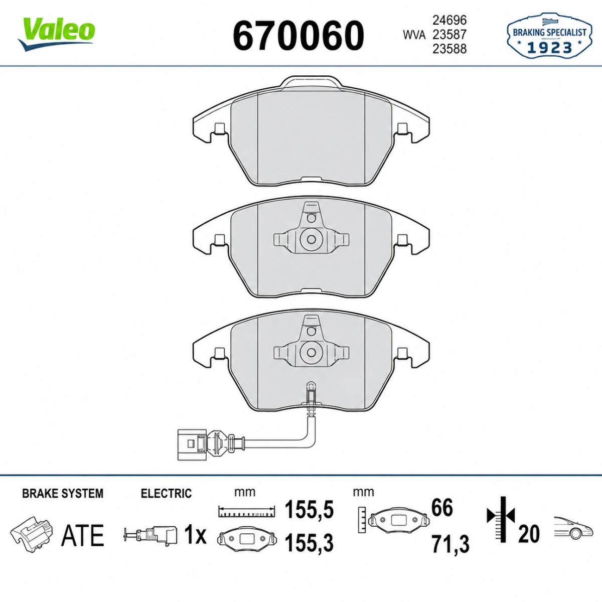 Valeo 670060 Ön Fren Balatası - VW Passat Golf Caddy Audi A3 - 155mm - 1 Set
