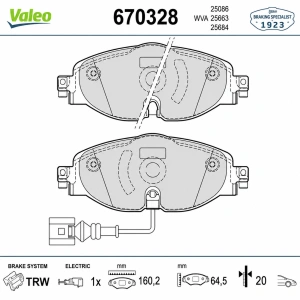 Valeo 670328 Ön Fren Balatası - Golf 7 A3 Leon Octavia 3 Tiguan Kodiaq - 160mm - 1 Set