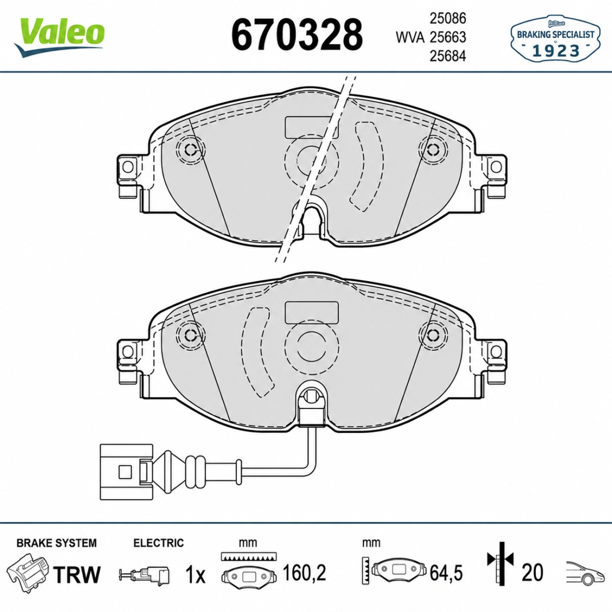 Valeo 670328 Ön Fren Balatası - Golf 7 A3 Leon Octavia 3 Tiguan Kodiaq - 160mm - 1 Set