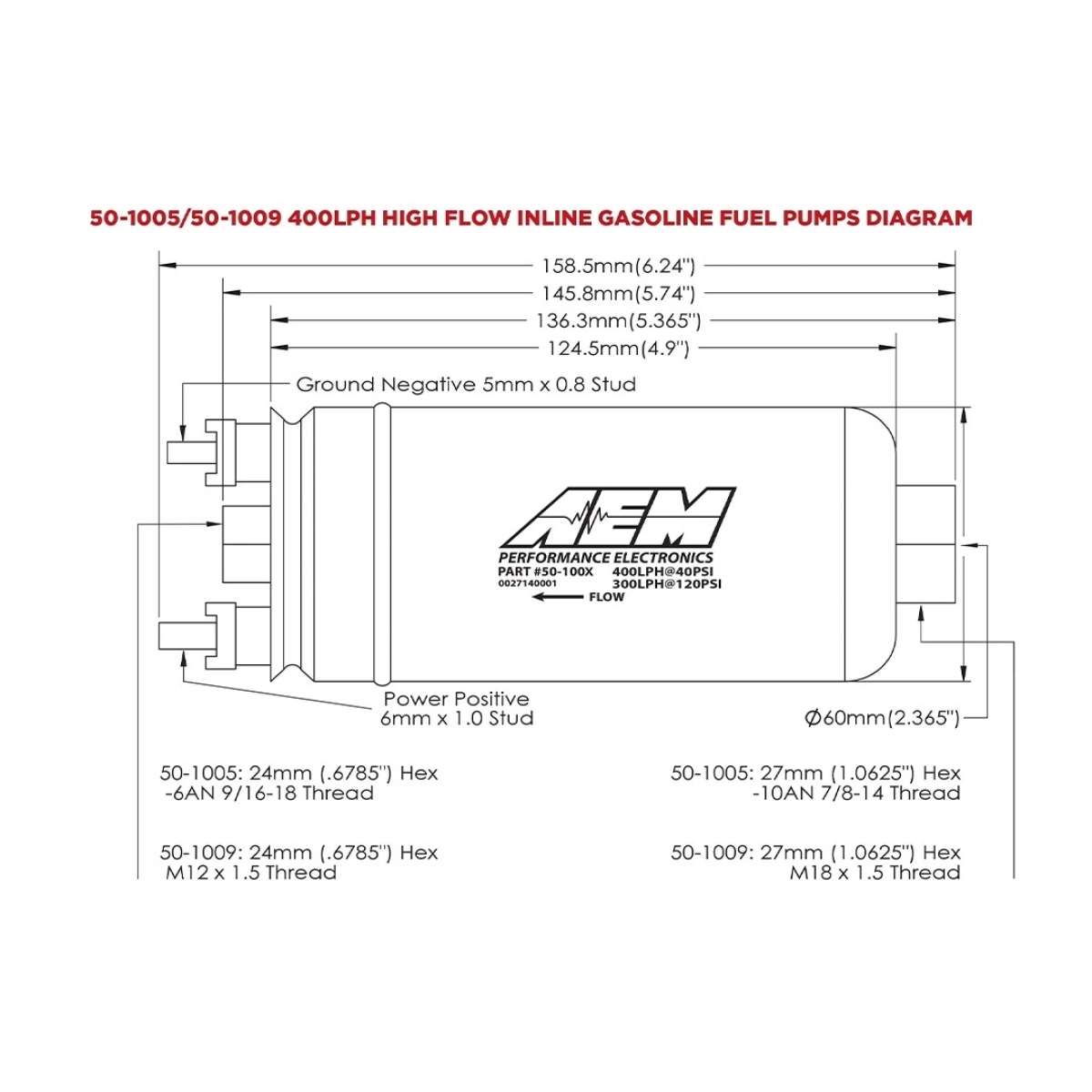 AEM Electronics 50-1005 400LPH (AN) Sıralı Yüksek Akışlı Yakıt Pompası